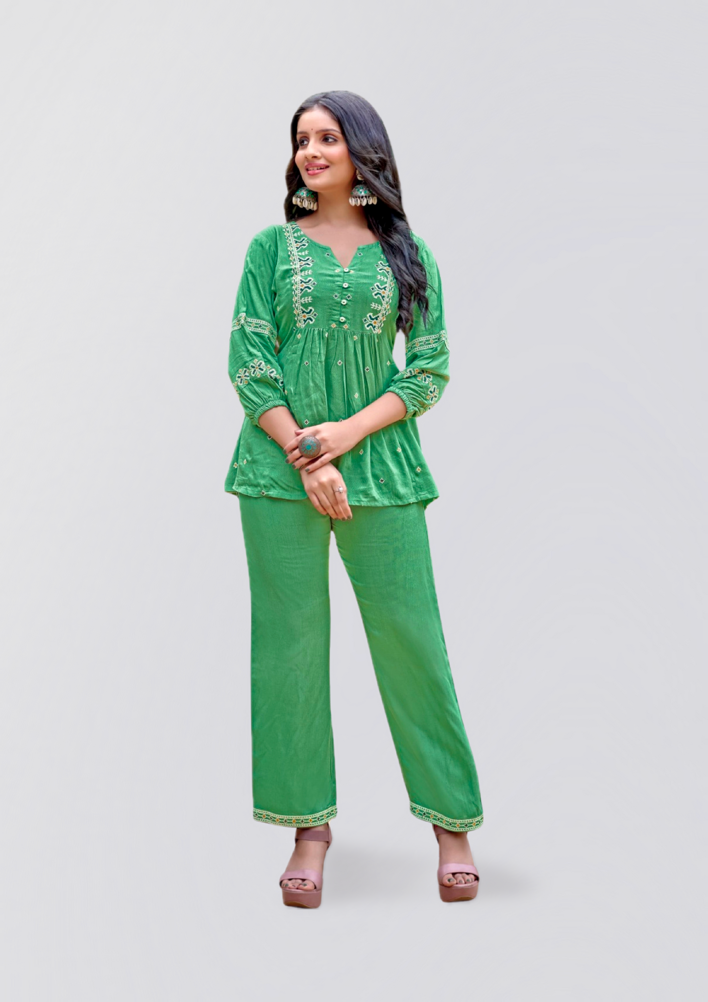 Green Embroidered Liva Kurta Set for Women – Ethnic Co-ord Set with Palazzo Pants