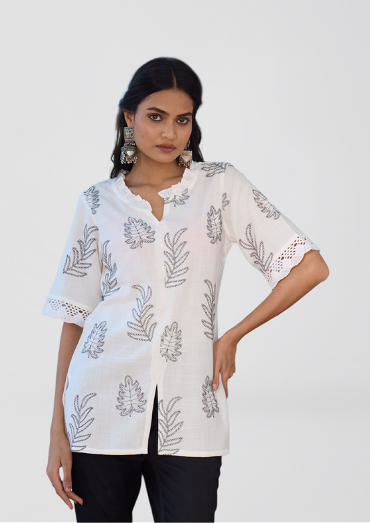 White Liva Shirt Kurti with Monochrome Leaf Print – Modern, Breezy, Eco-Chic