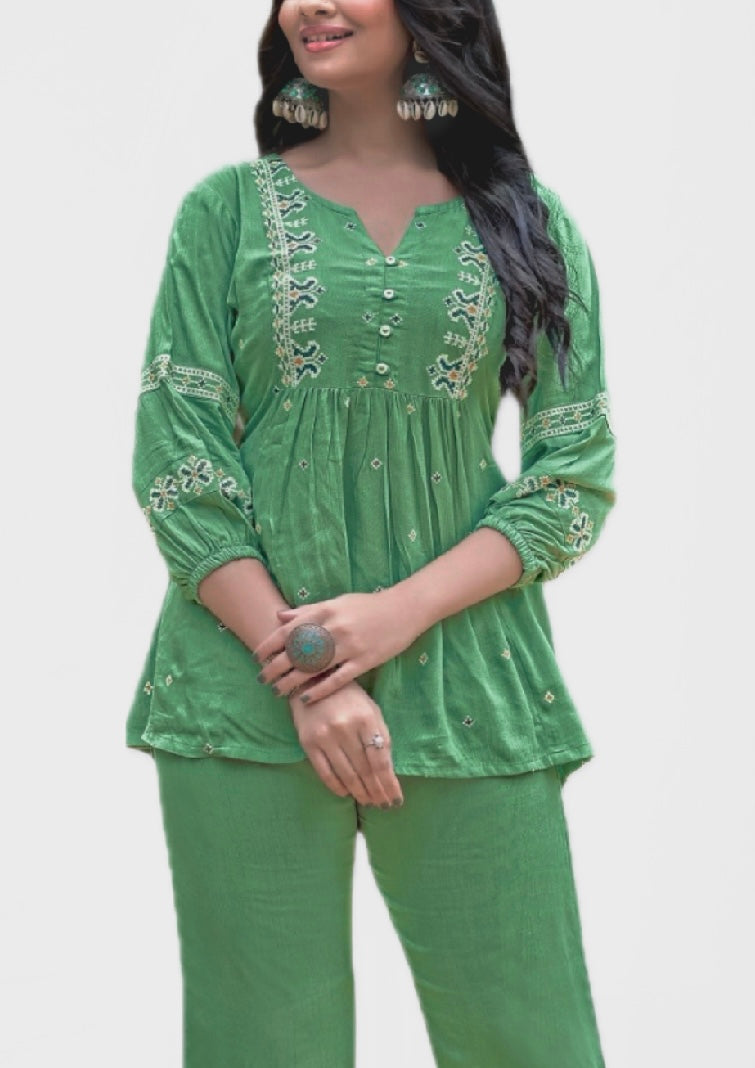 Green Embroidered Kurta Set for Women – Ethnic Co-ord Set with Palazzo Pants