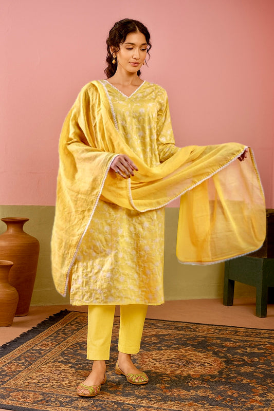 Women’s Yellow Embroidered Cotton Kurta Set with Dupatta – 3-Piece Festive Suit