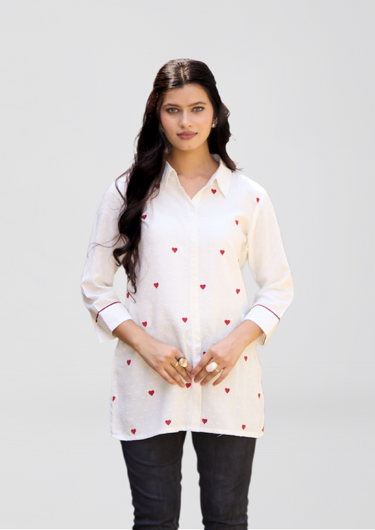 White Liva Shirt Kurti with Red Heart Embroidery – Casual Chic with a Touch of Love