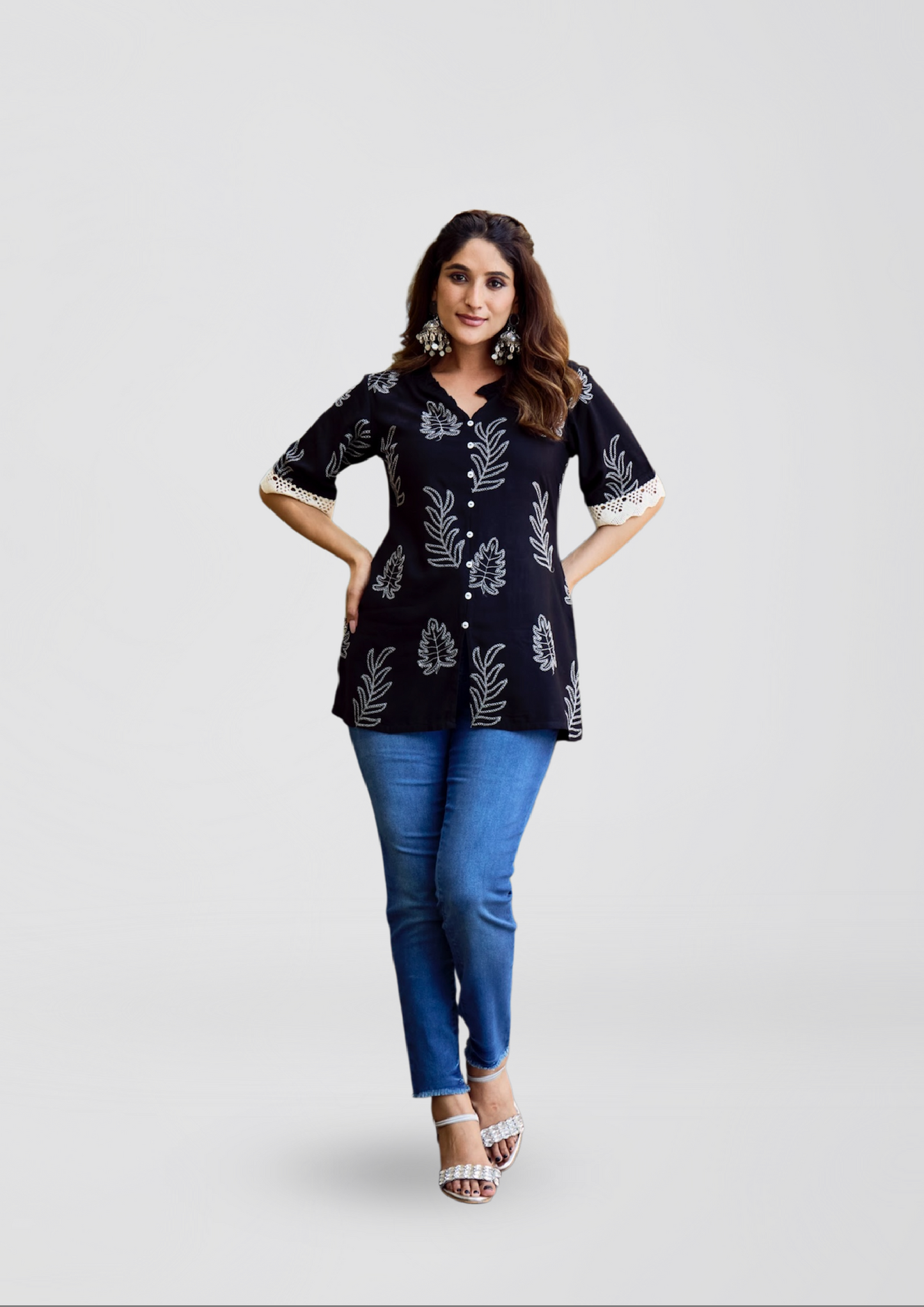 Black Rayon Slub Liva Top with White Leaf Embroidery – Chic Everyday Comfort
