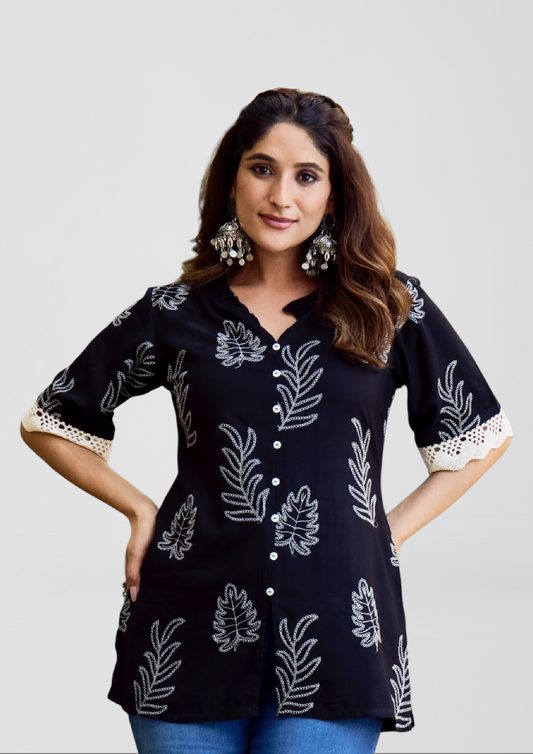 Black Rayon Slub Liva Top with White Leaf Embroidery – Chic Everyday Comfort