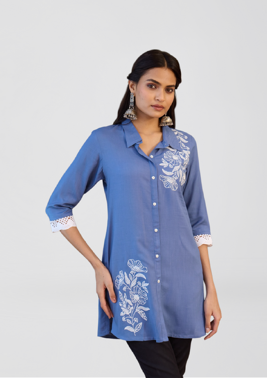 Dusty Blue Liva Shirt Kurti with White Floral Embroidery – Breezy Elegance for Everyday Chic
