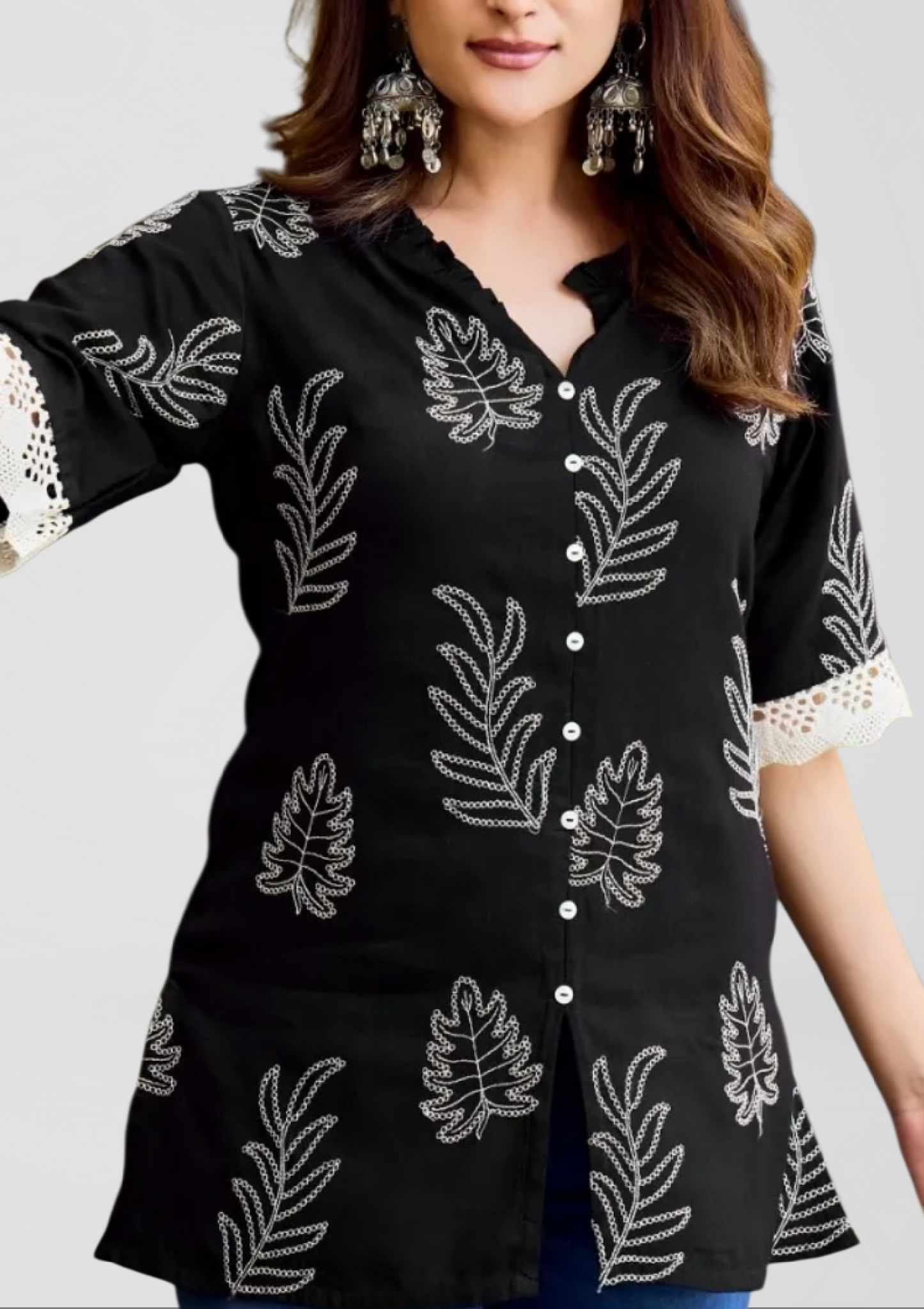 Black Rayon Slub Liva Top with White Leaf Embroidery – Chic Everyday Comfort