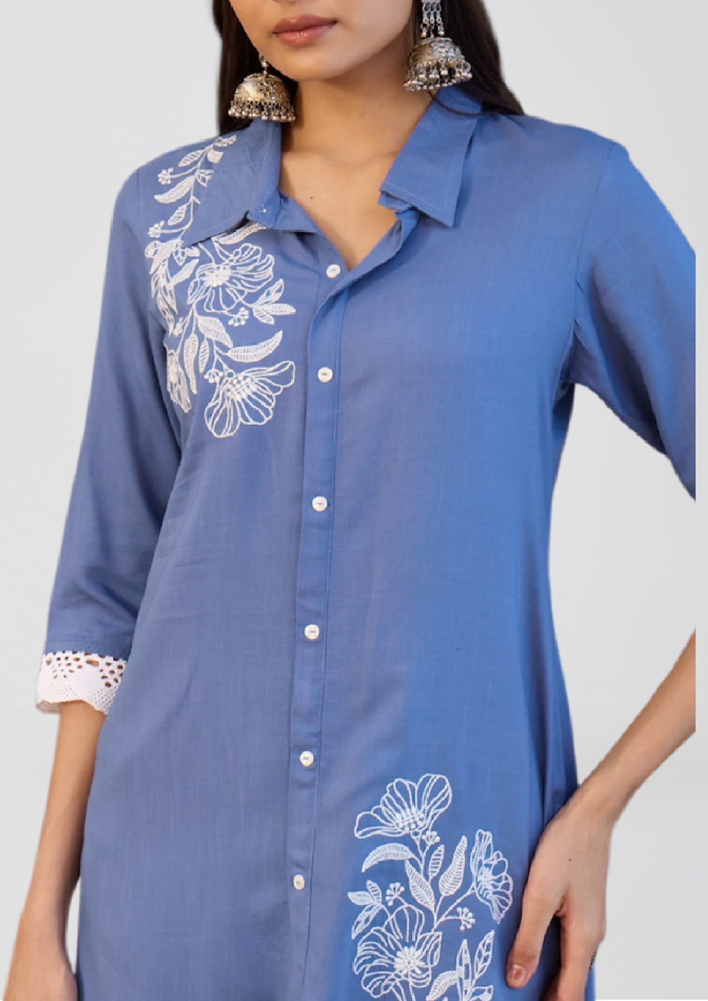 Dusty Blue Liva Shirt Kurti with White Floral Embroidery – Breezy Elegance for Everyday Chic