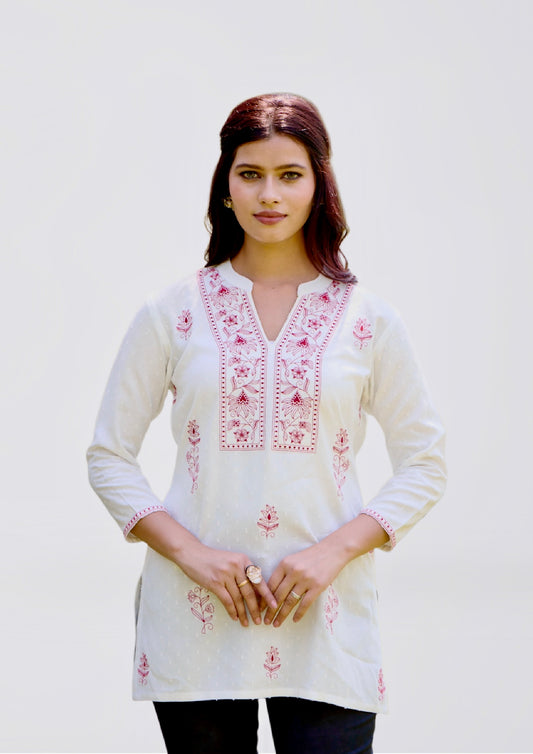 Pure White Floral Embroidered Liva Kurti – Soft & Elegant Everyday Wear