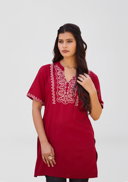 Deep Red Short Sleeve Embroidered Kurti in Liva Fabric – Breezy Everyday Ethnic Wear for Women
