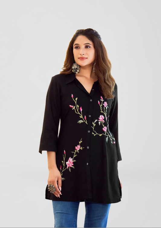 Black Floral Embroidered Shirt Kurti in Liva Fabric – Elegant Fusion Wear for Women