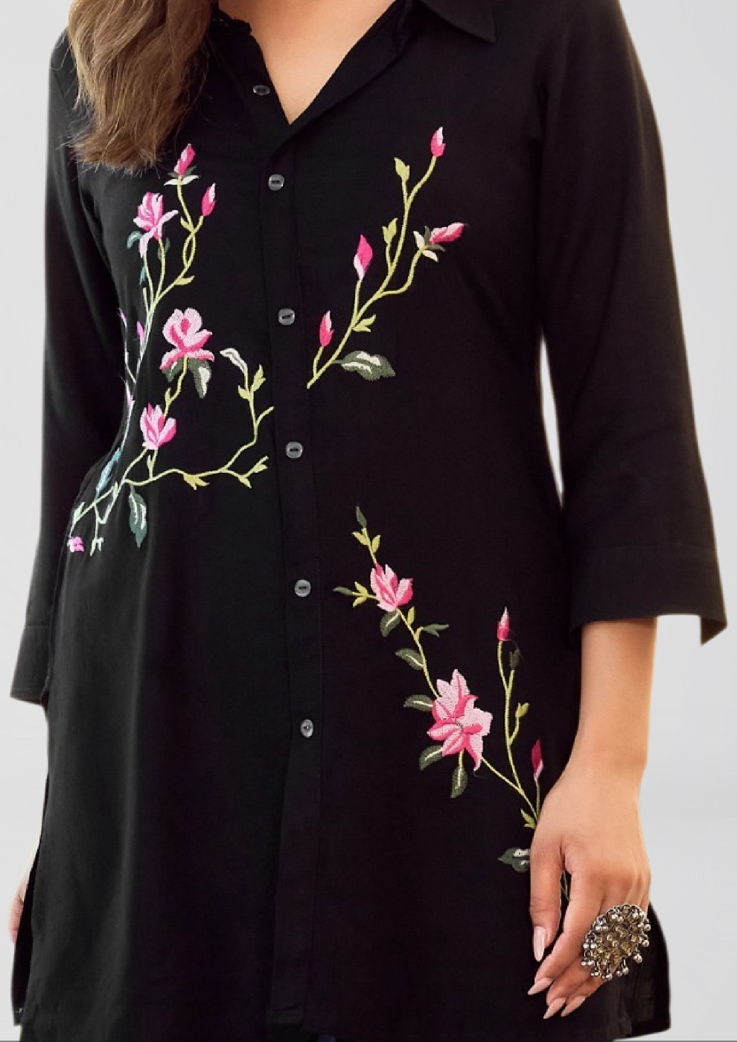 Black Floral Embroidered Shirt Kurti in Liva Fabric – Elegant Fusion Wear for Women