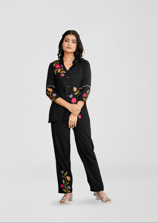 Black Floral Embroidered Co-ord Set in Liva Fabric – Soft & Sustainable Ethnic Wear for Women
