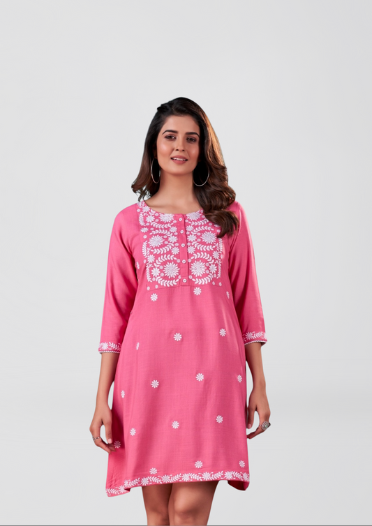 Hot Pink Kurti with White Embroidery