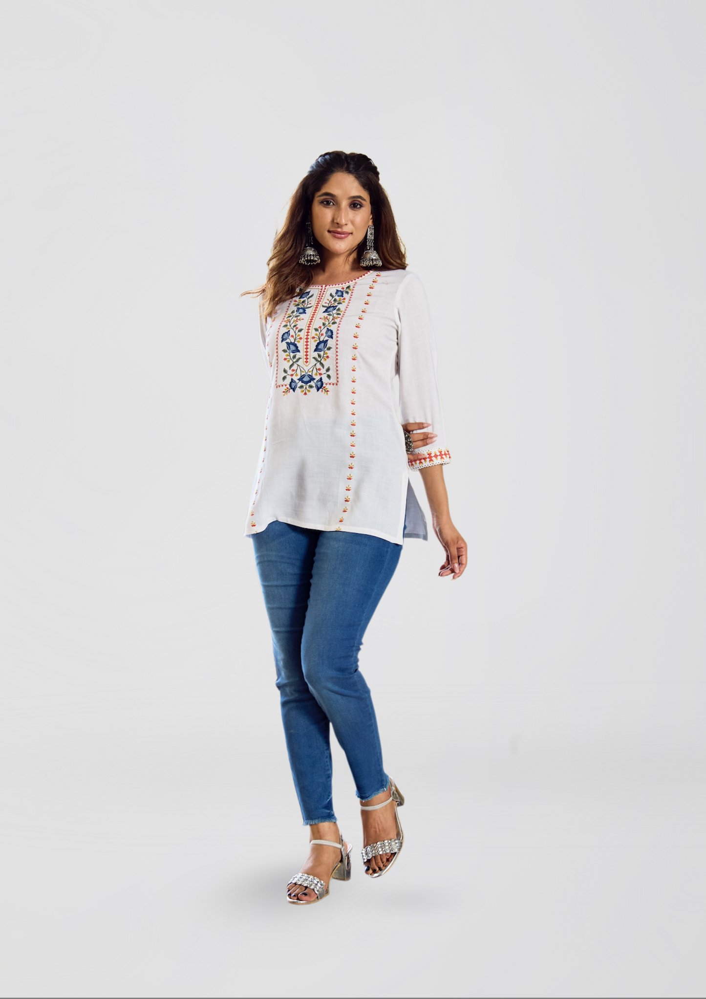 Pure White Embroidered Liva Kurti with Blue & Mustard Floral Detailing – Breezy Everyday Elegance