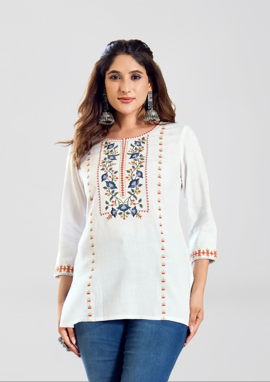Pure White Embroidered Liva Kurti with Blue & Mustard Floral Detailing – Breezy Everyday Elegance