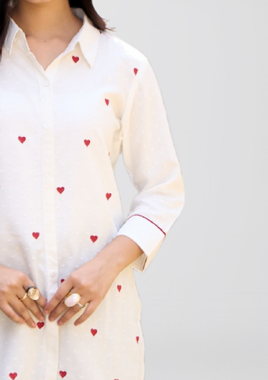 White Liva Shirt Kurti with Red Heart Embroidery – Casual Chic with a Touch of Love