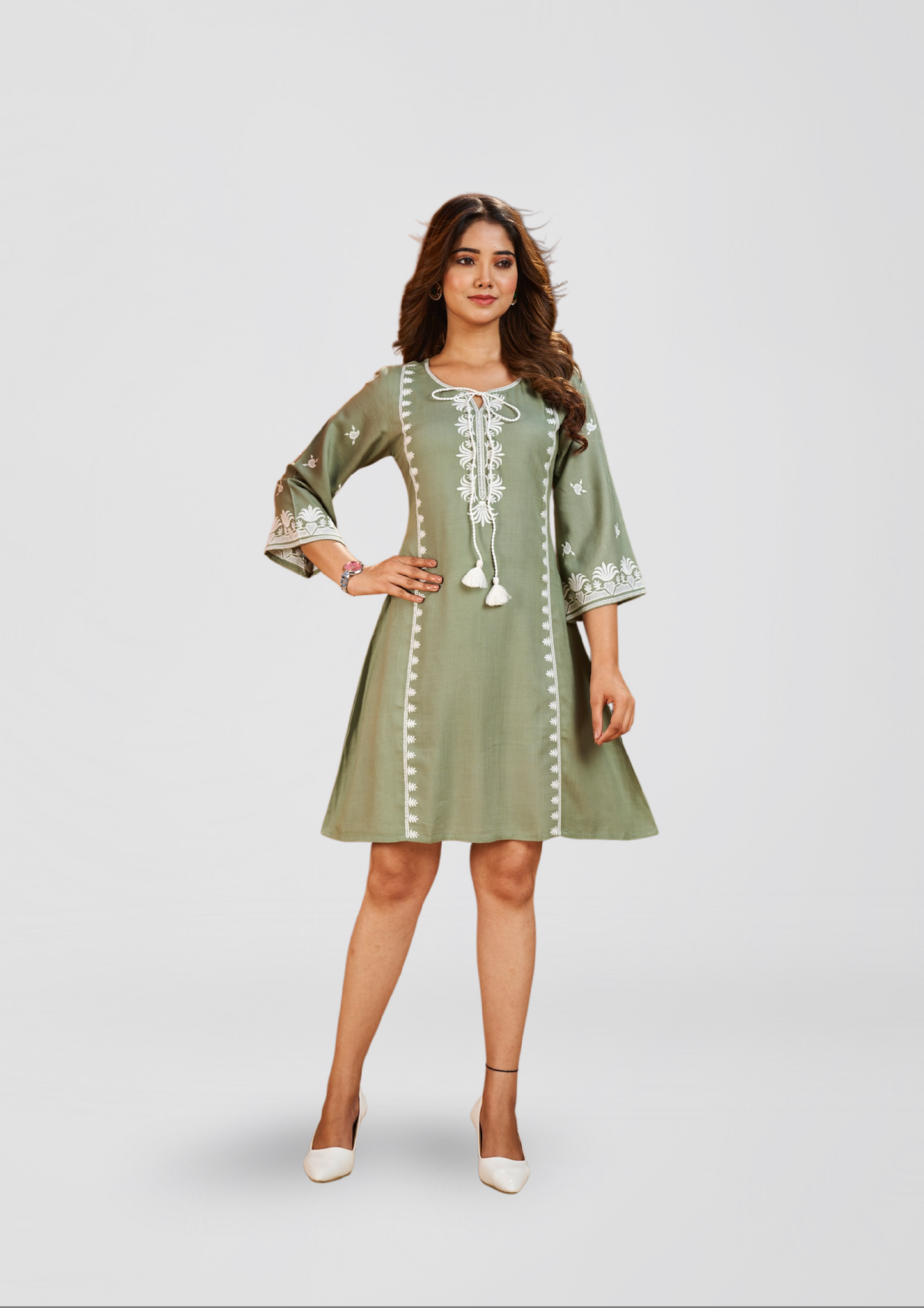 Women’s Olive Green Embroidered Short Kurti Dress | A-Line Tassel Tunic for Casual & Festive Wear