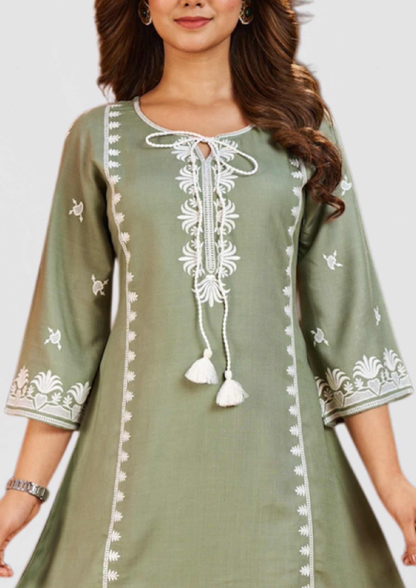 Women’s Olive Green Embroidered Short Kurti Dress | A-Line Tassel Tunic for Casual & Festive Wear