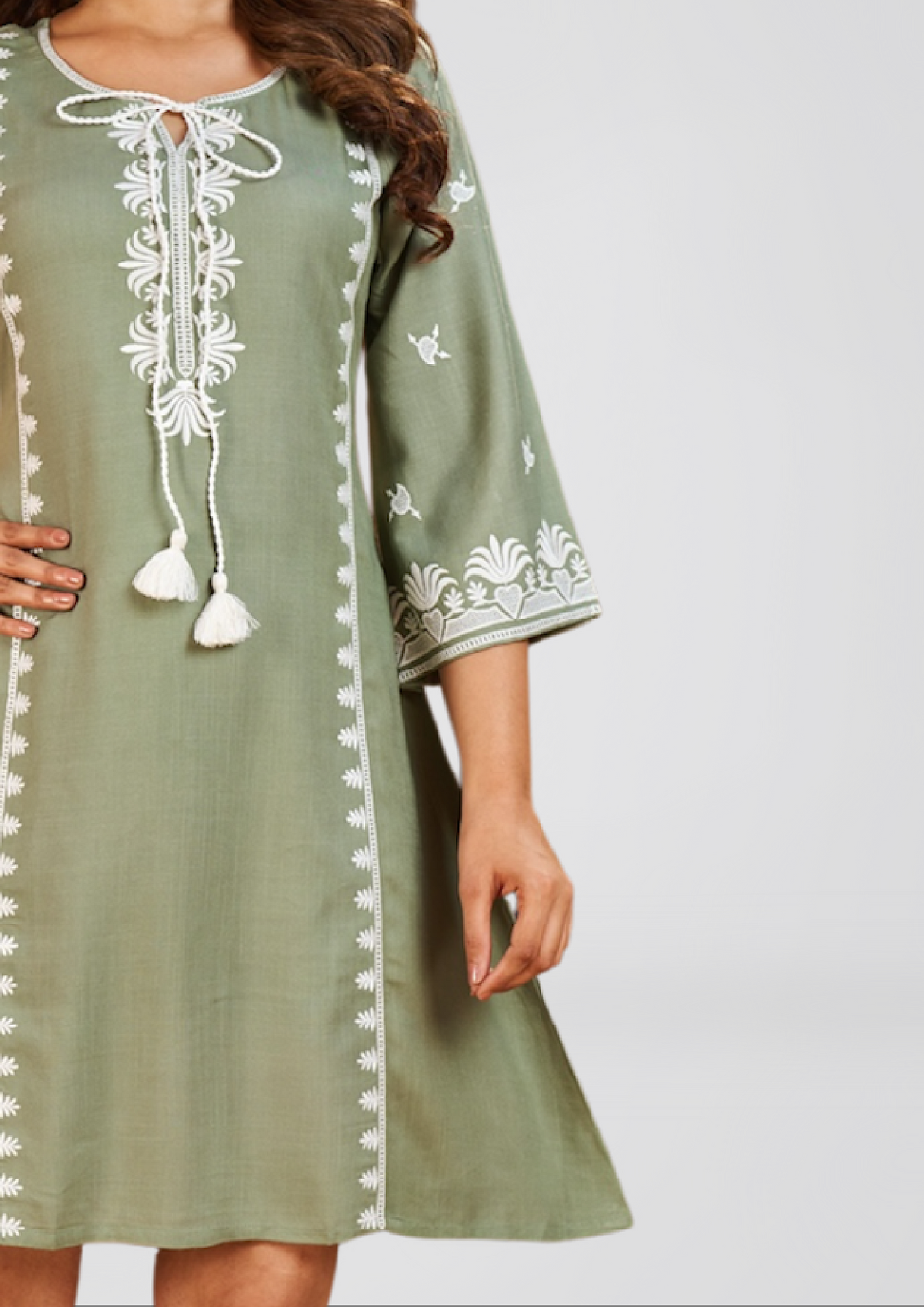 Women’s Olive Green Embroidered Short Kurti Dress | A-Line Tassel Tunic for Casual & Festive Wear