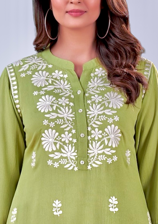 Fresh Green Kurti with White Embroidery