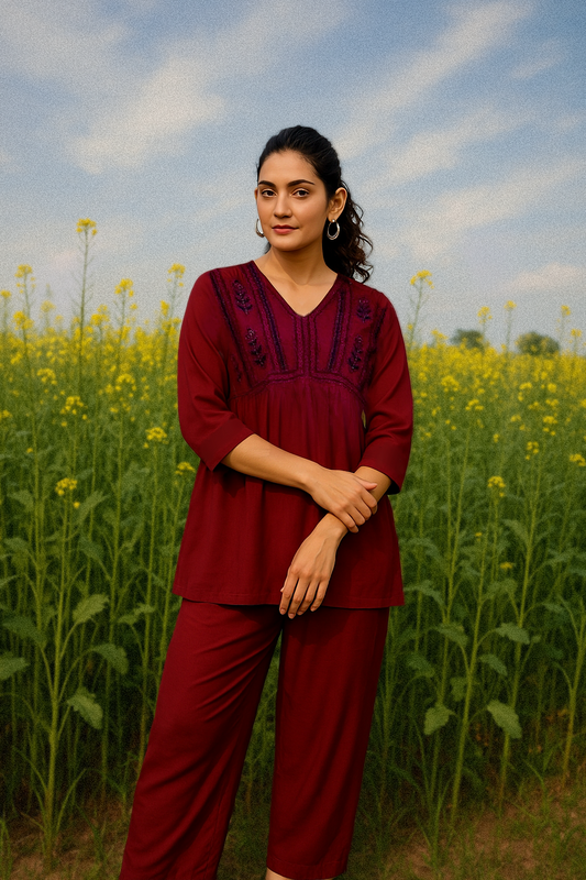 Women’s Maroon Embroidered Cotton Co-ord Set – Stylish 2-Piece Casual Ethnic Wear