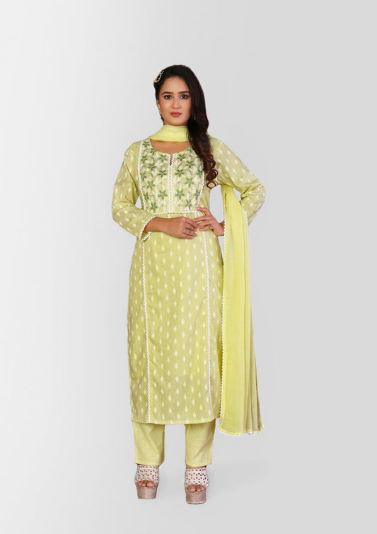 Refreshing Lime Cotton 3-Piece Suit Set – Elegant Thread Embroidered Kurta with Dupatta