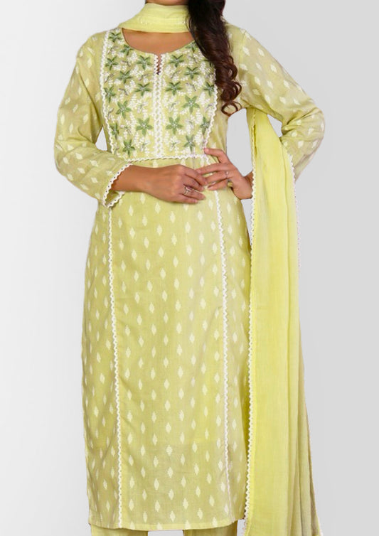 Refreshing Lime Cotton 3-Piece Suit Set – Elegant Thread Embroidered Kurta with Dupatta
