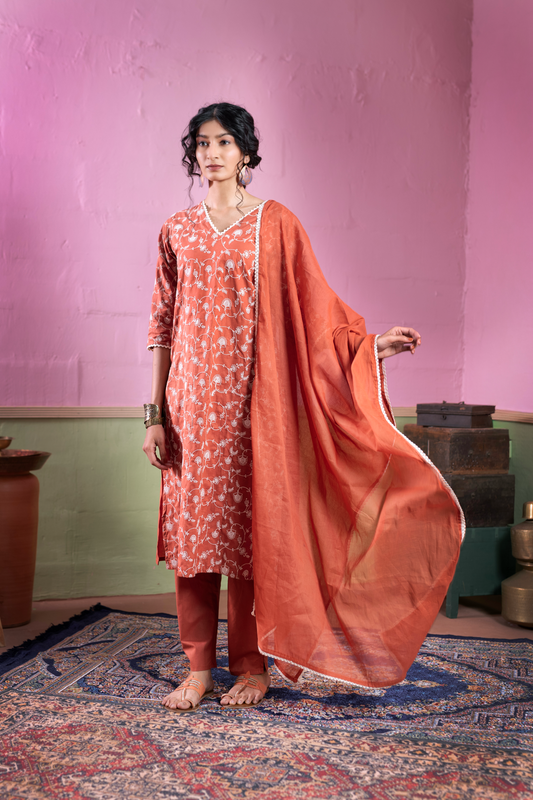 Women’s Rust Orange Embroidered Cotton Kurta Set with Dupatta – 3-Piece Ethnic Ensem