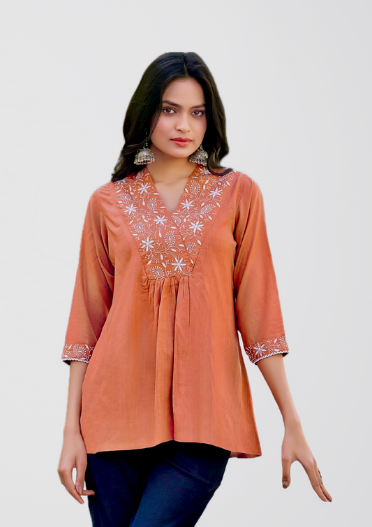 Orange Women’s Rayon Slub Top with Embroidered Neck Design - Kurta for Women