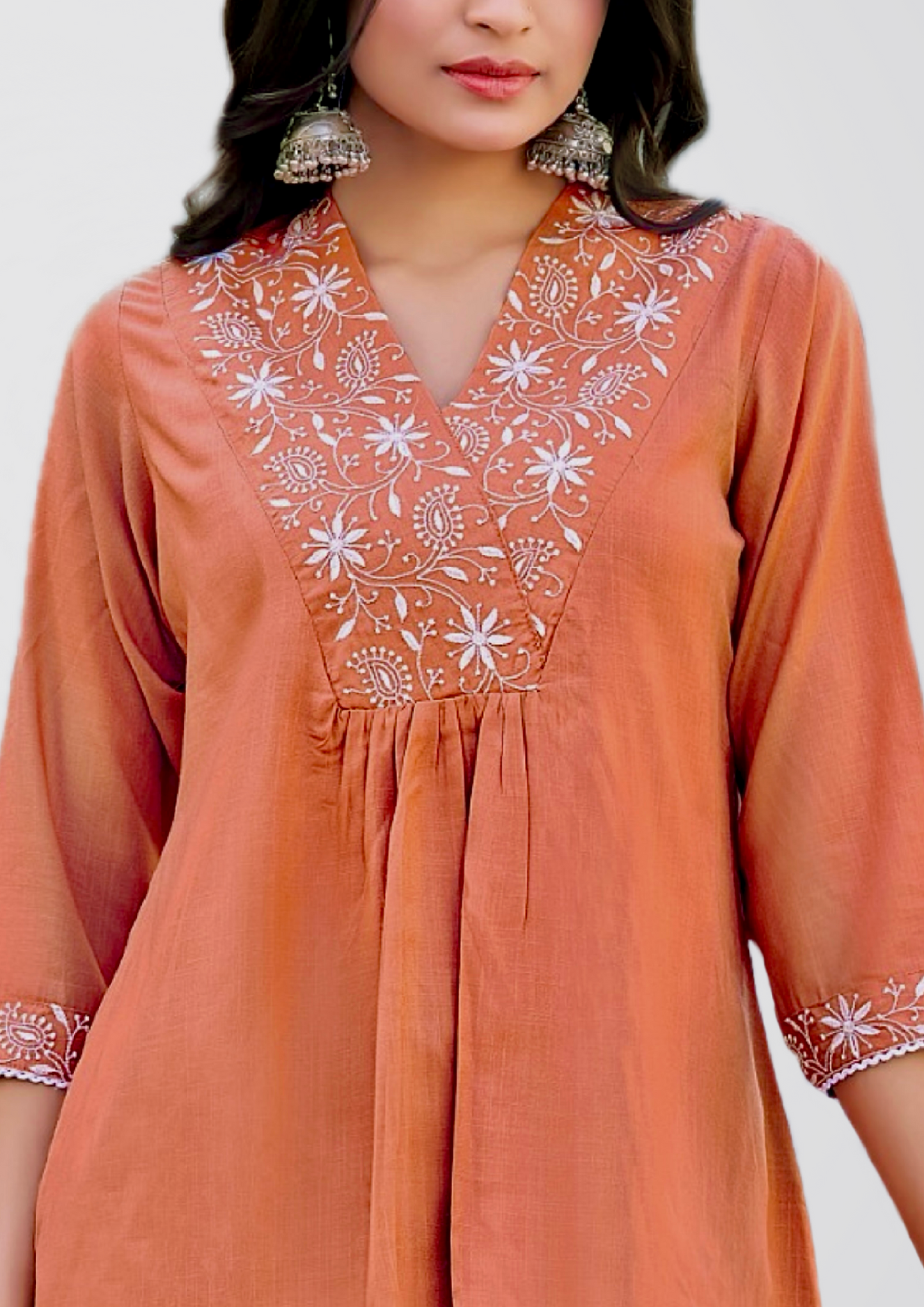 Orange Women’s Rayon Slub Top with Embroidered Neck Design - Kurta for Women