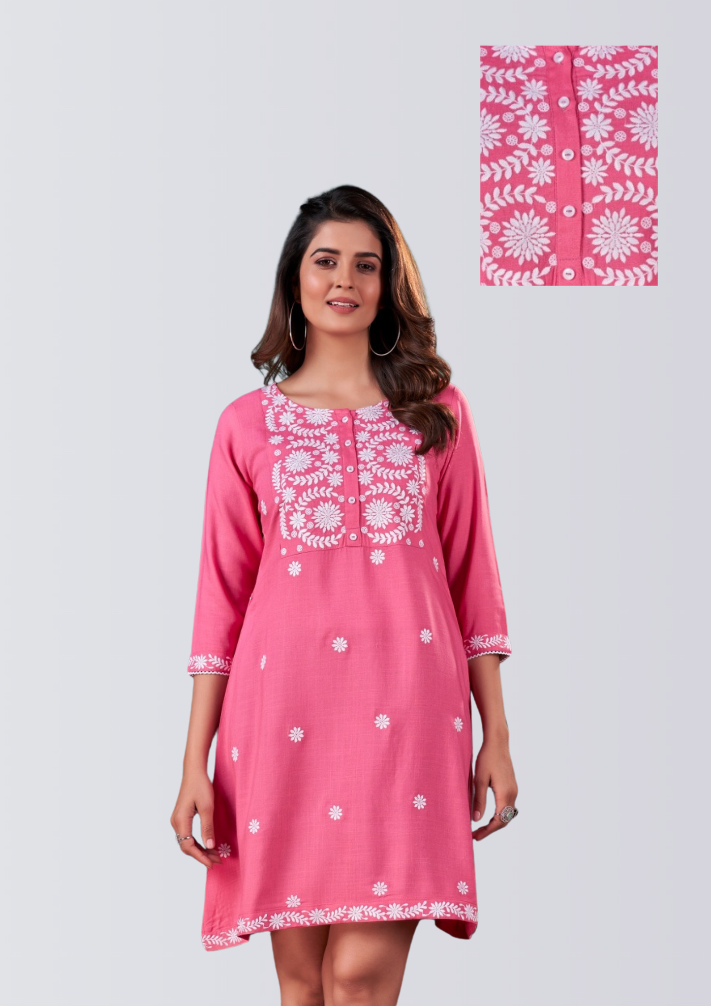 Hot Pink Kurti with White Embroidery