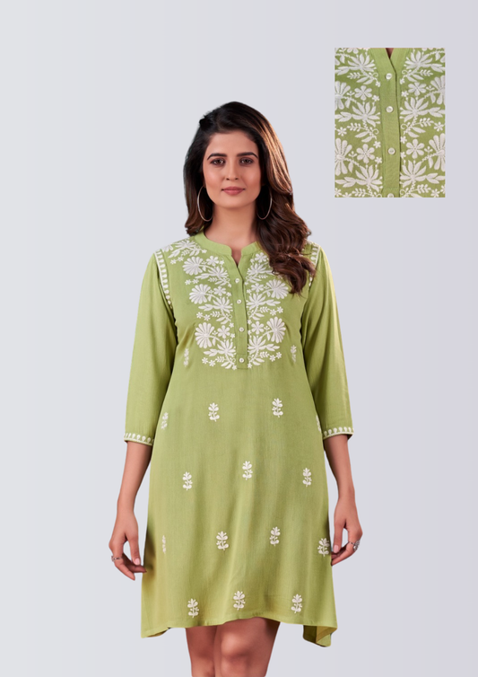 Fresh Green Kurti with White Embroidery