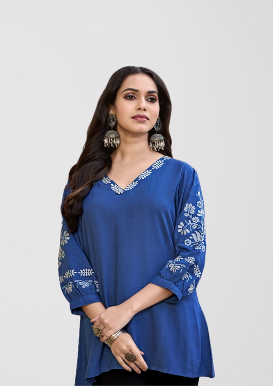Elegant Blue Kurti with White Floral Embroidery – 3/4 Sleeves – Festive and Casual Wear