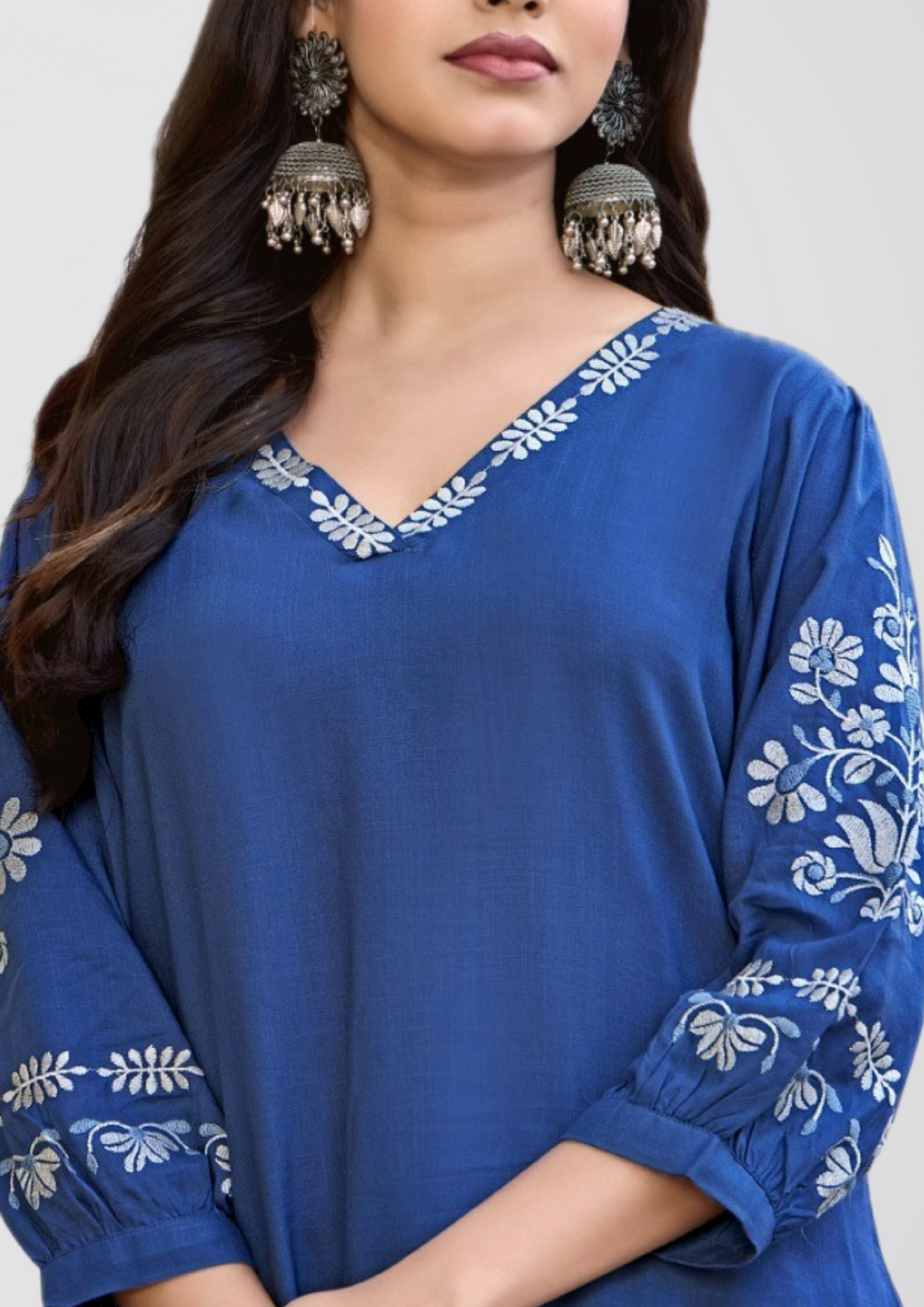 Elegant Blue Kurti with White Floral Embroidery – 3/4 Sleeves – Festive and Casual Wear