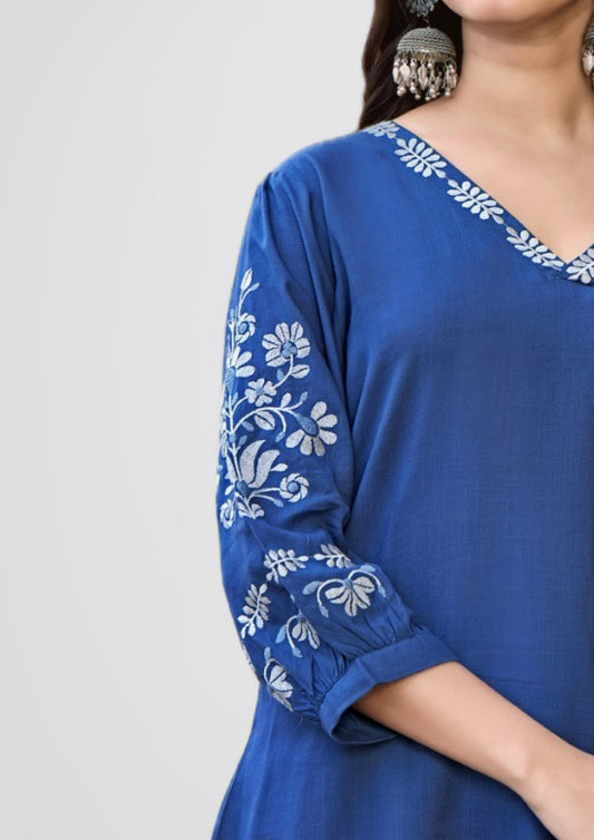 Elegant Blue Kurti with White Floral Embroidery – 3/4 Sleeves – Festive and Casual Wear