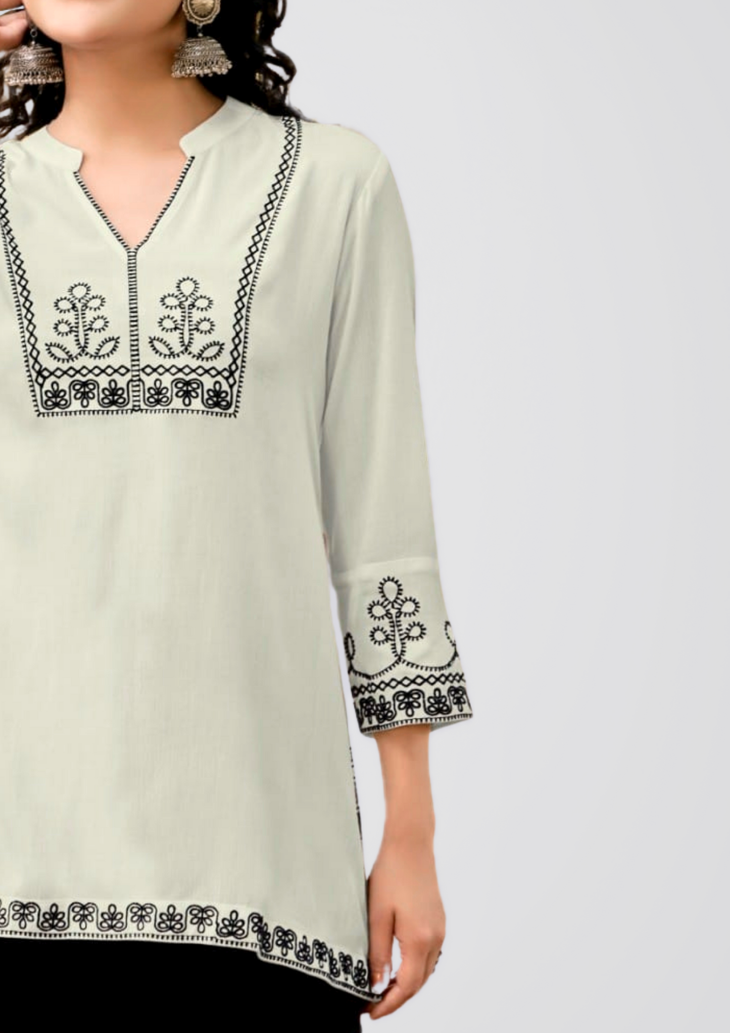 Women’s Ivory Embroidered Tunic Top – Elegant Black Thread Work