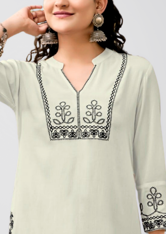 Women’s Ivory Cotton Embroidered Tunic Top – Elegant Black Thread Work