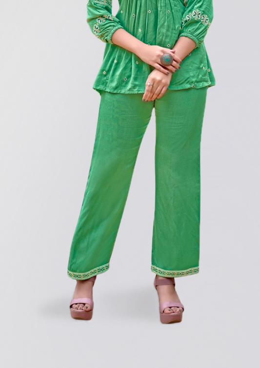Green Embroidered Liva Kurta Set for Women – Ethnic Co-ord Set with Palazzo Pants