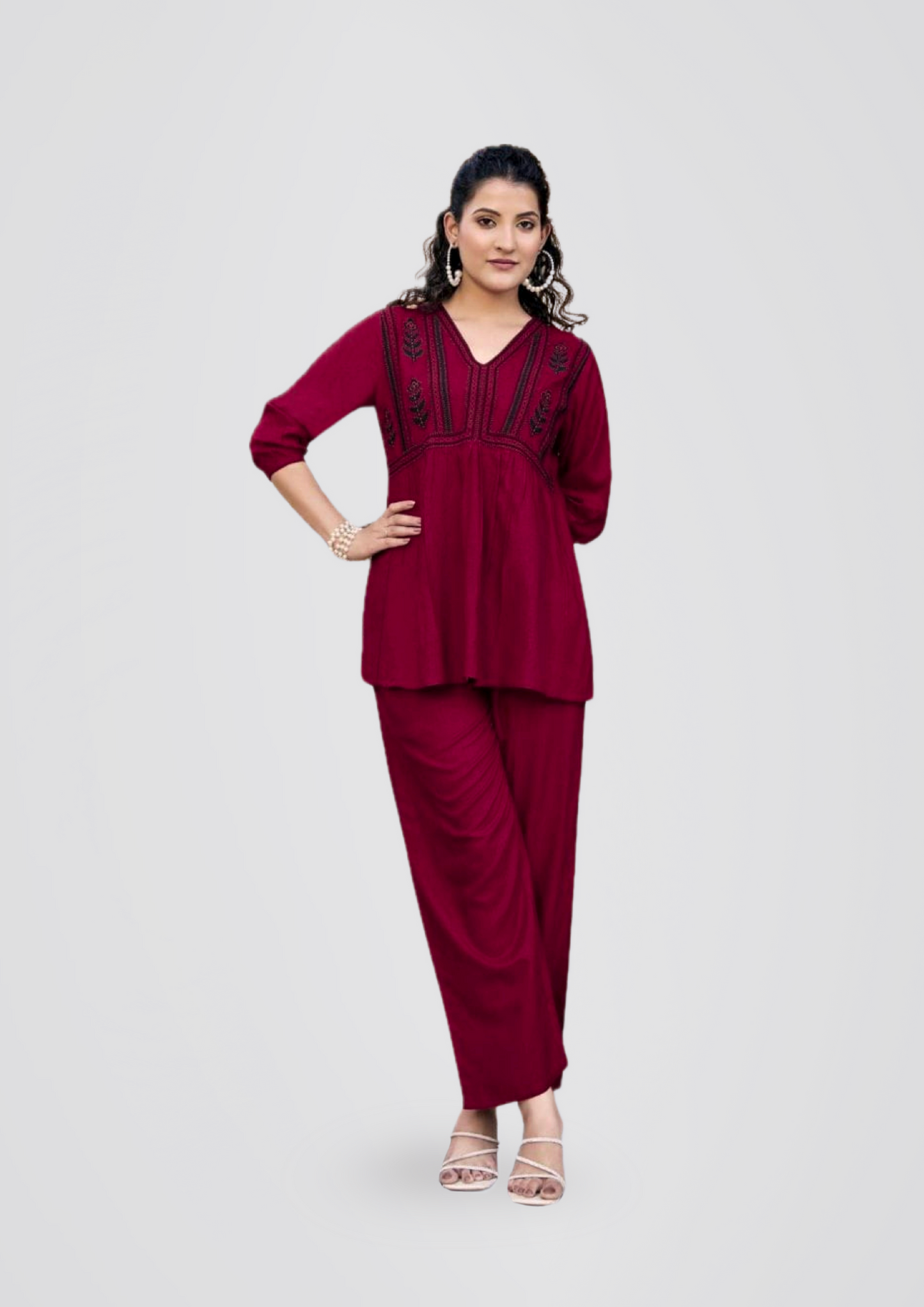 Women’s Maroon Embroidered Co-ord Set – Stylish 2-Piece Casual Ethnic Wear