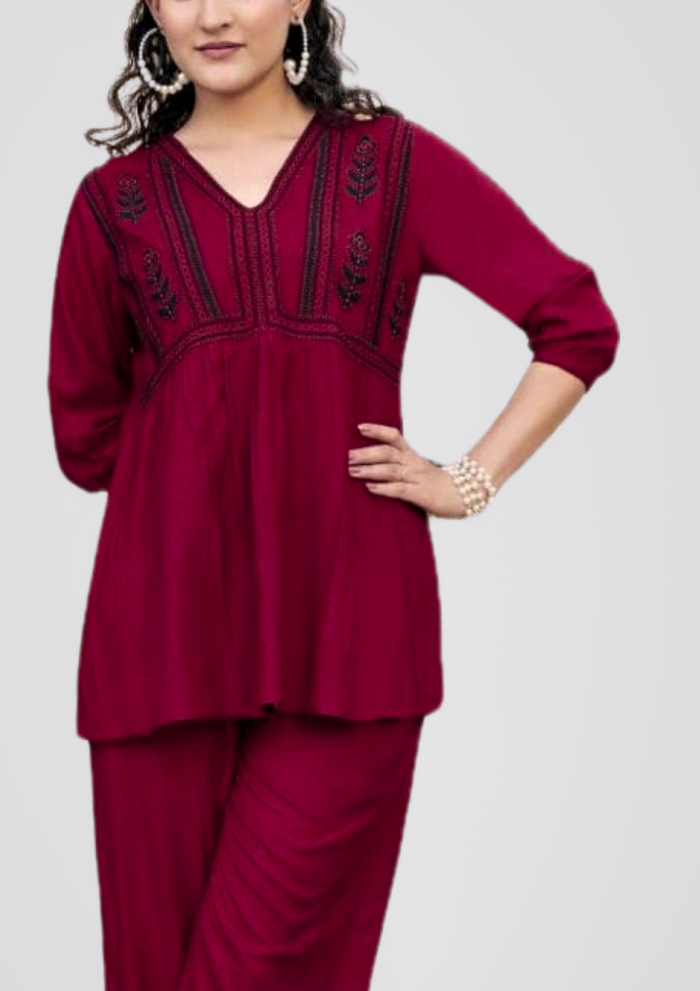 Women’s Maroon Embroidered Co-ord Set – Stylish 2-Piece Casual Ethnic Wear