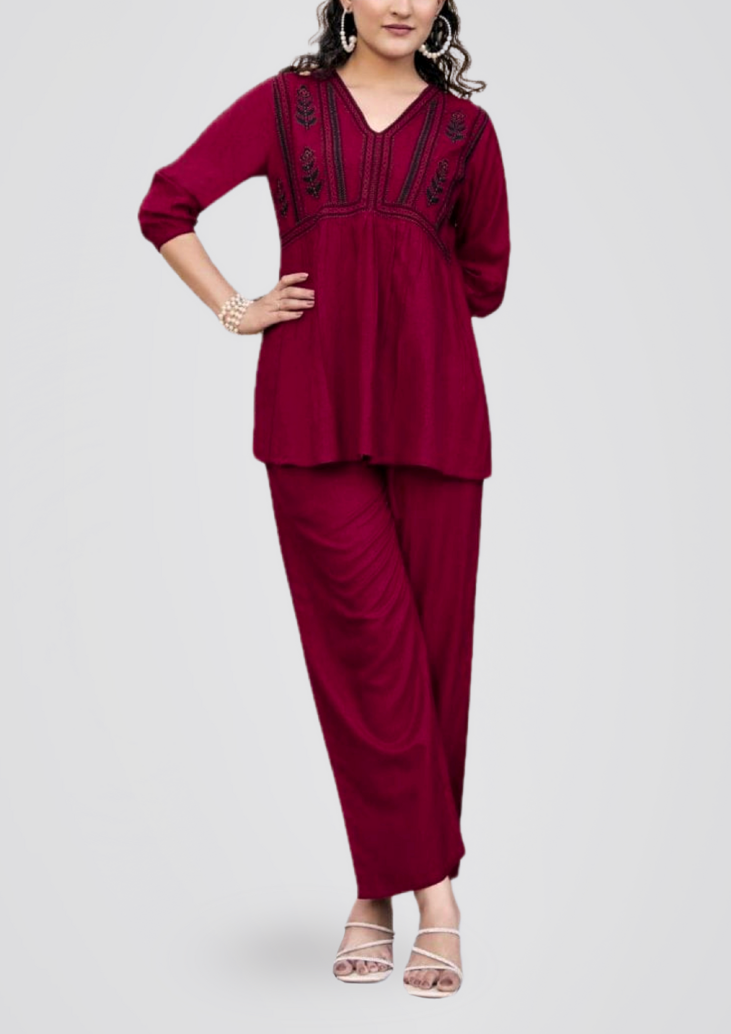 Women’s Maroon Embroidered Co-ord Set – Stylish 2-Piece Casual Ethnic Wear