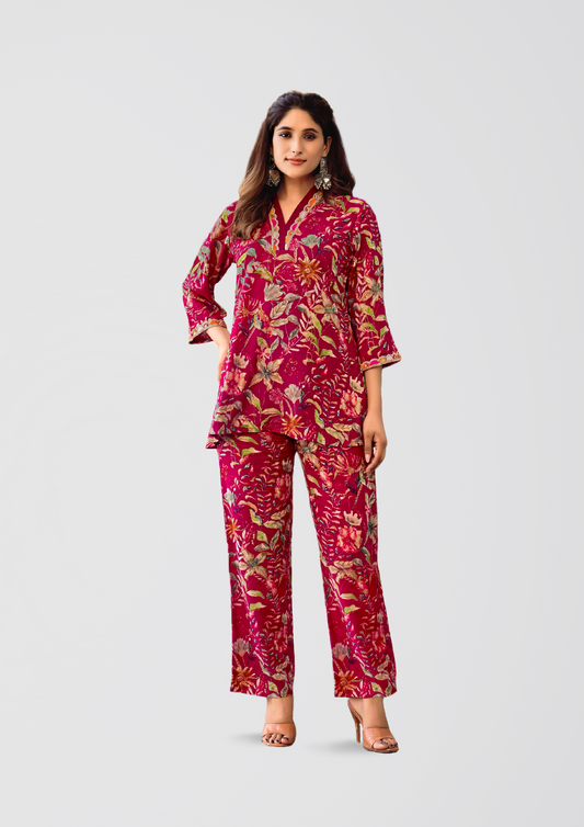 Crimson Red Floral Co-ord Set in Liva Eco-Friendly Fabric