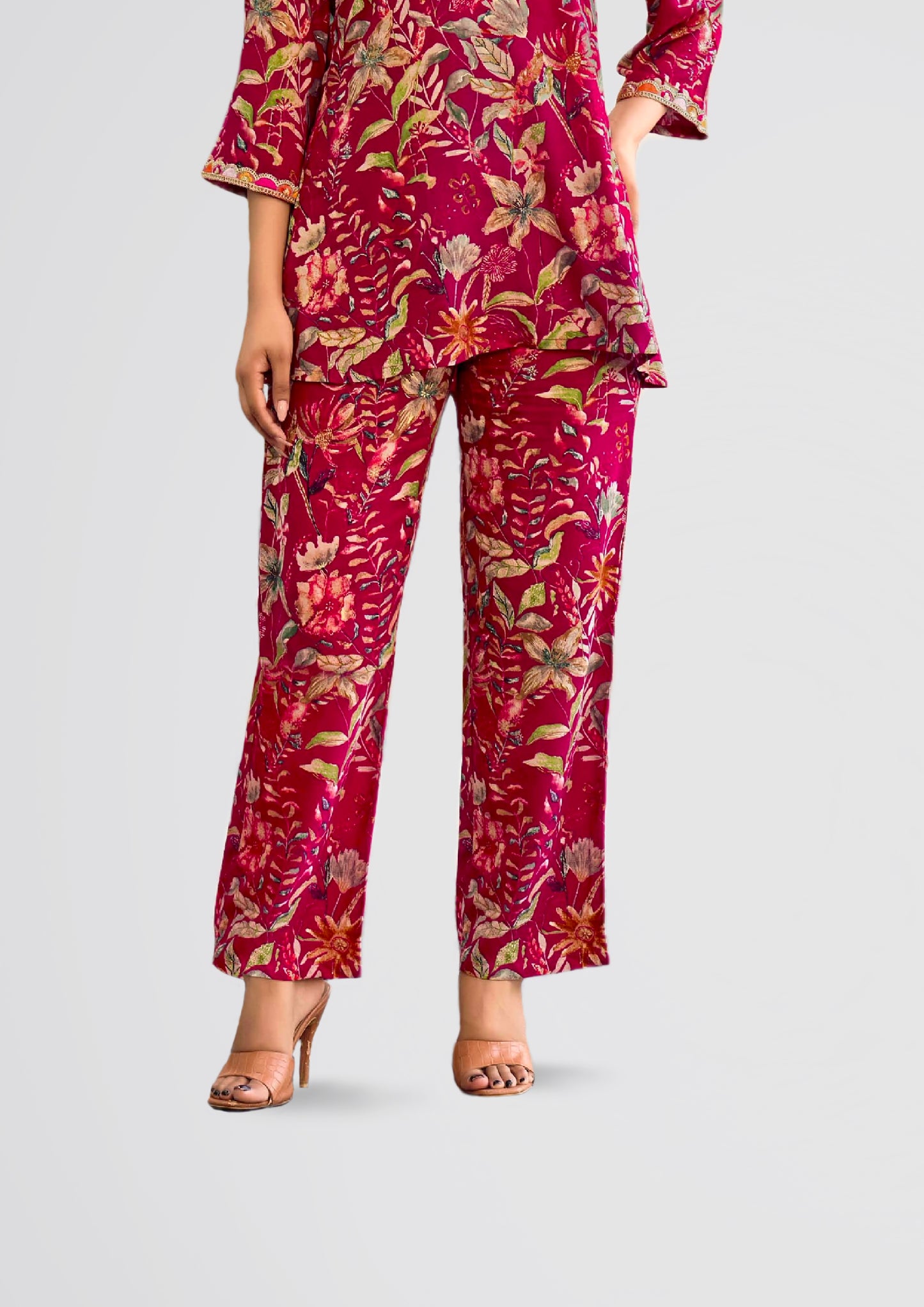 Crimson Red Floral Printed Co-ord Set with Gold Shine on Liva Fabric - Top & Palazzo