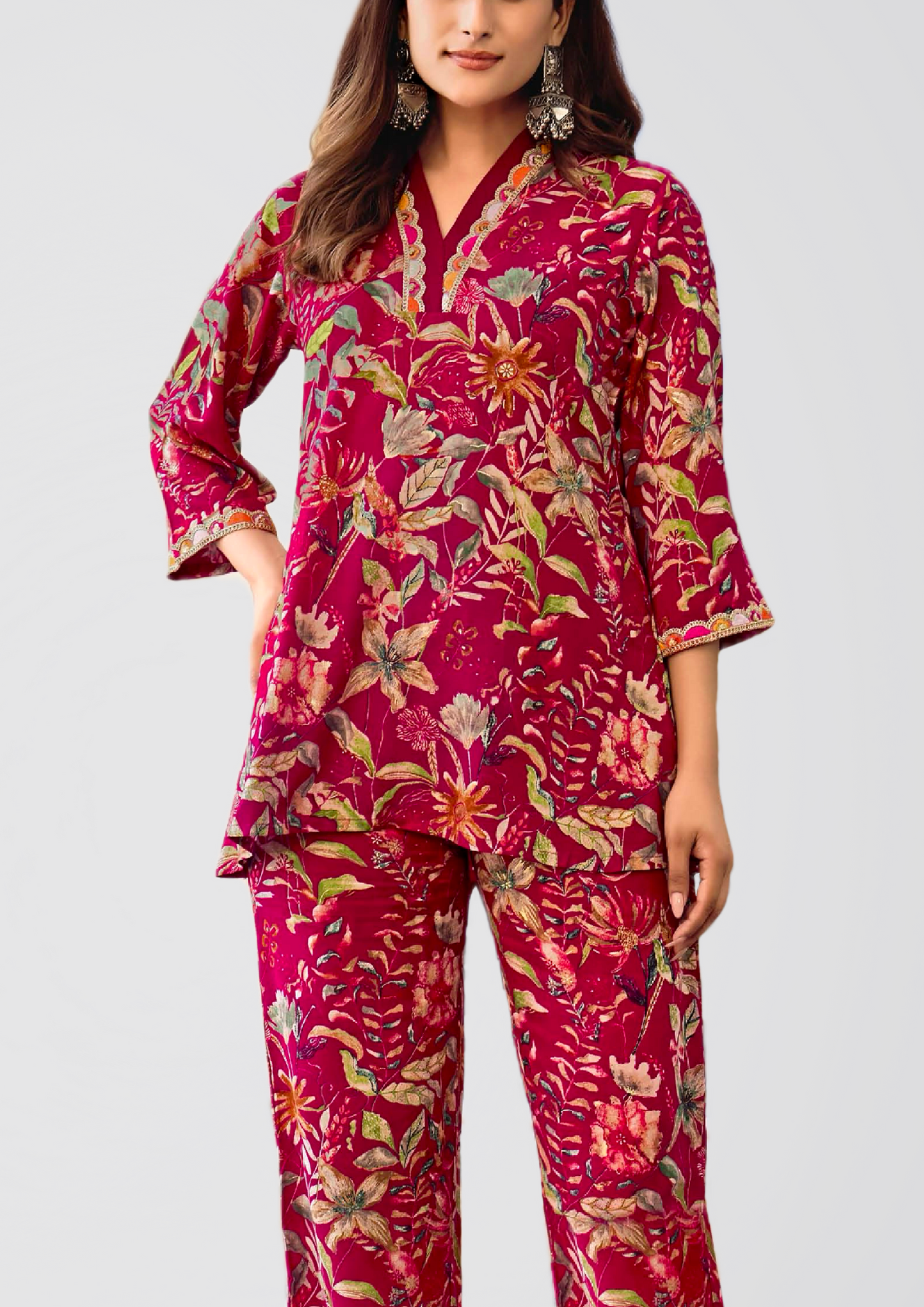 Crimson Red Floral Printed Co-ord Set with Gold Shine on Liva Fabric - Top & Palazzo