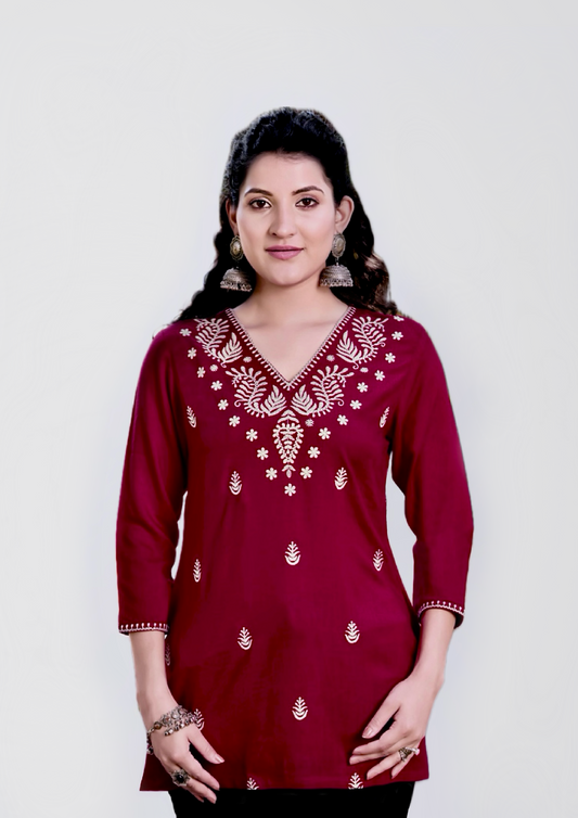 Maroon Embroidered Kurti in Liva Fabric with White Thread Detailing