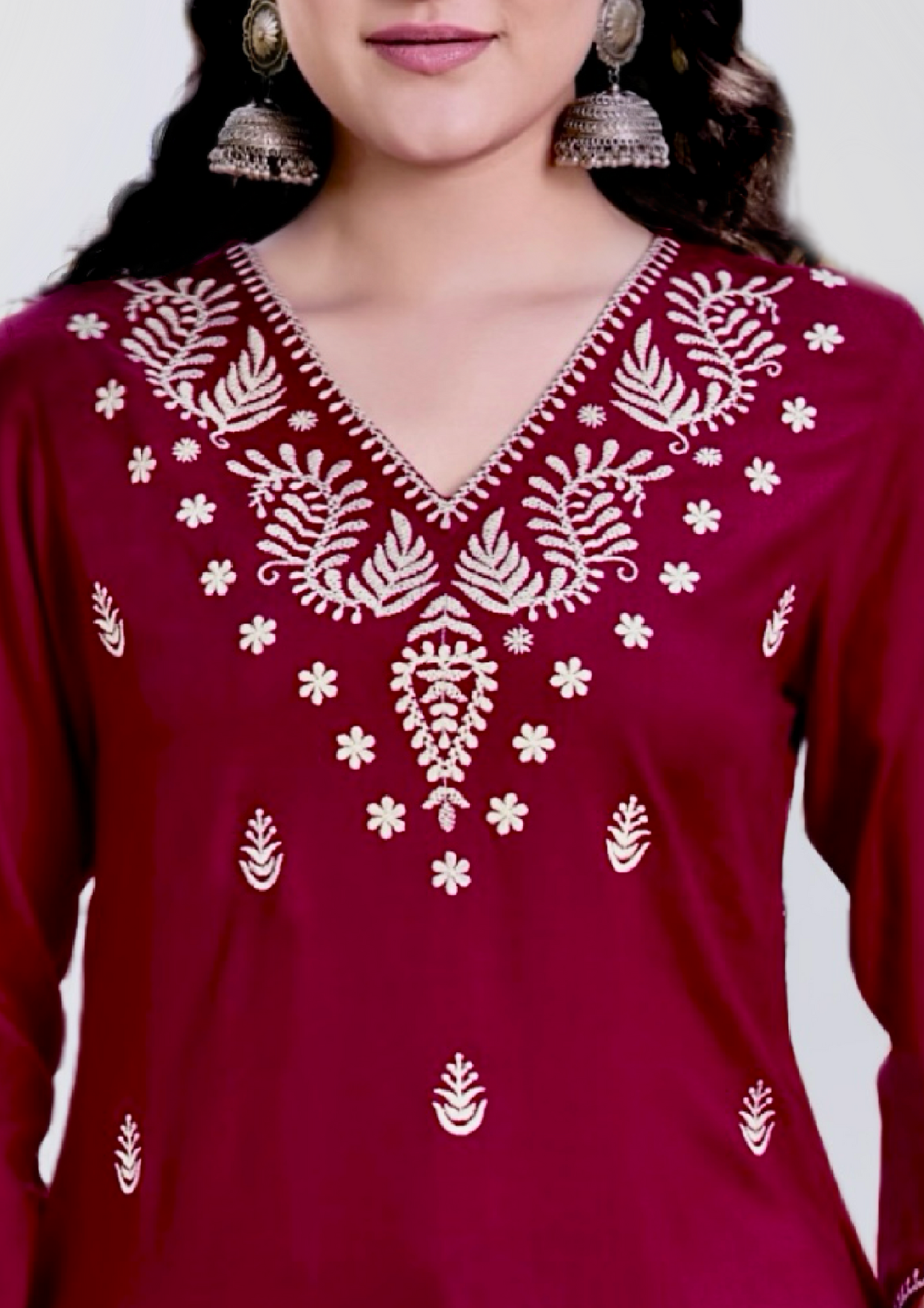 Maroon Embroidered Kurti in Liva Fabric with White Thread Detailing