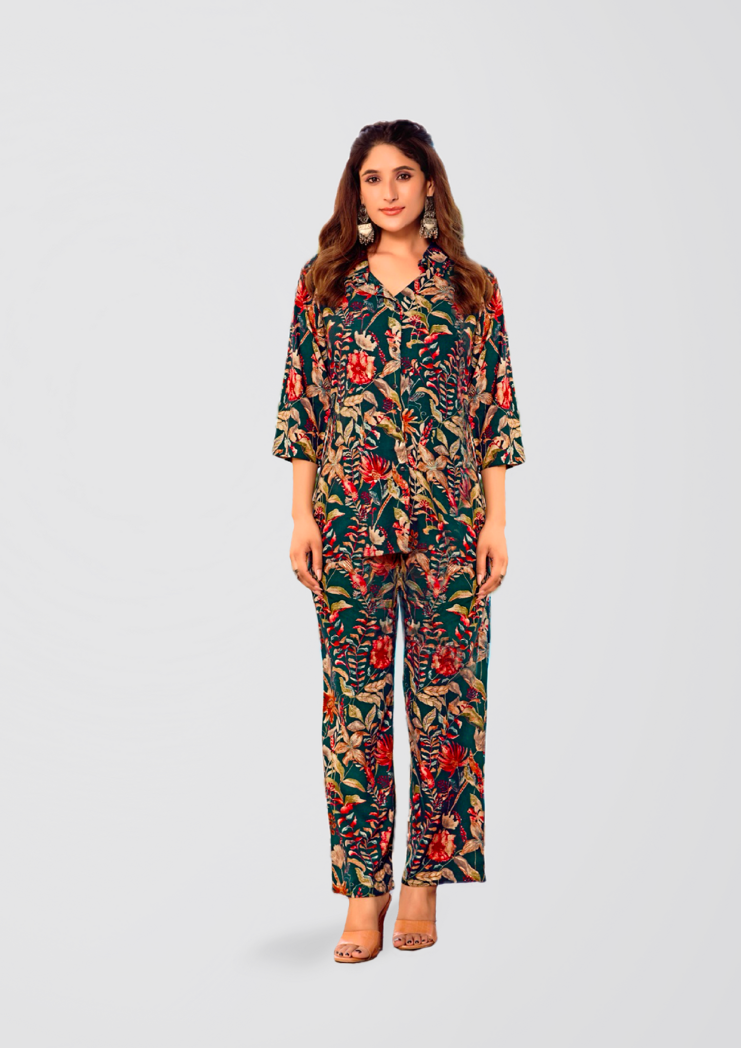 Deep Bottle Green Floral Printed Co-ord Set with Gold Shine on Liva Fabric – Top & Palazzo