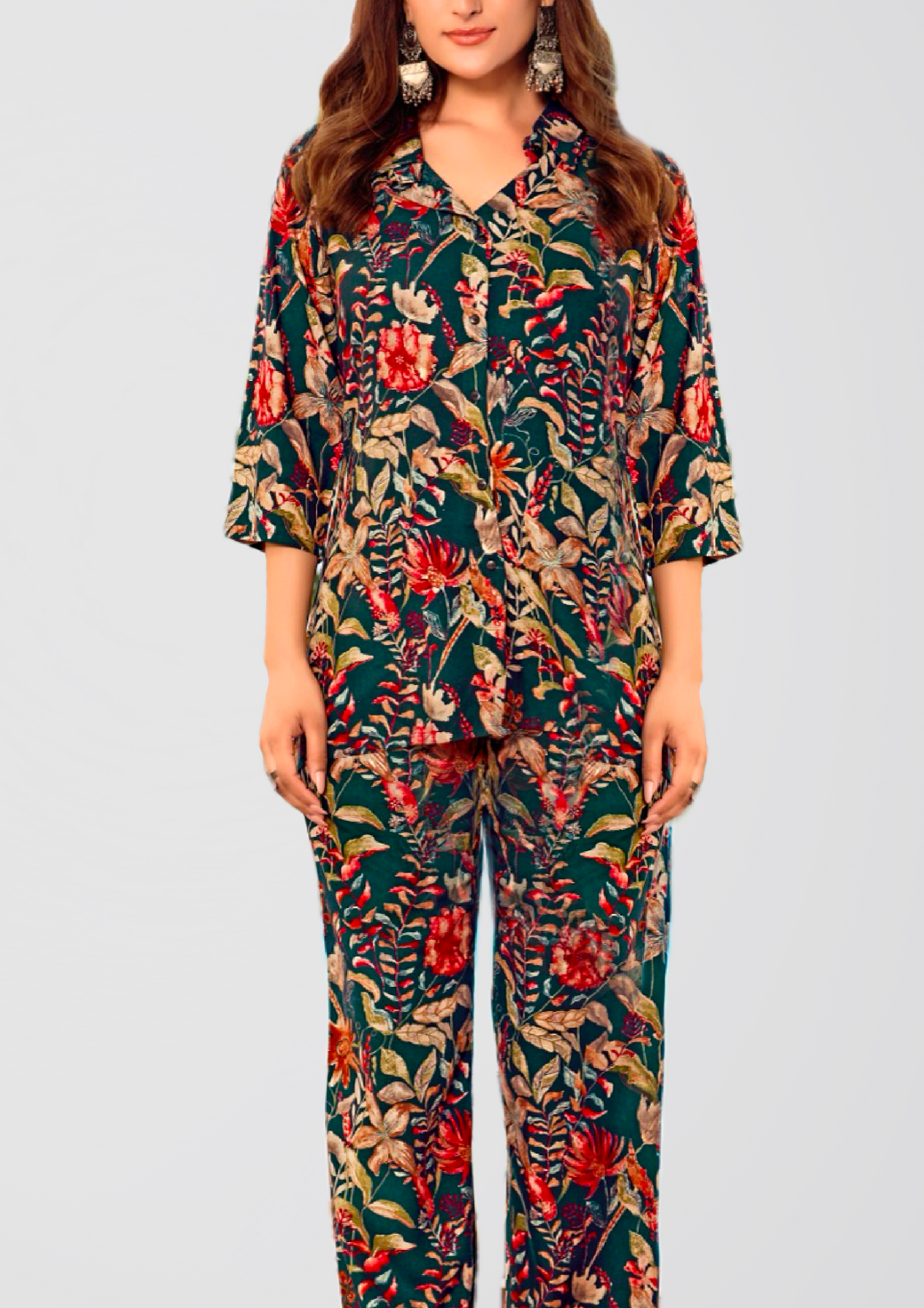 Deep Bottle Green Floral Printed Co-ord Set with Gold Shine on Liva Fabric – Top & Palazzo