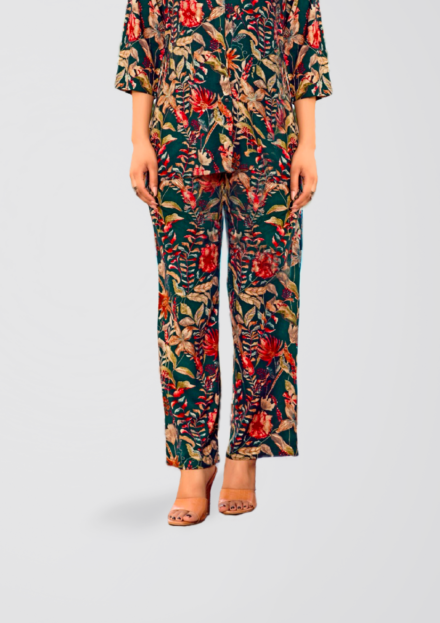 Deep Bottle Green Floral Printed Co-ord Set with Gold Shine on Liva Fabric – Top & Palazzo