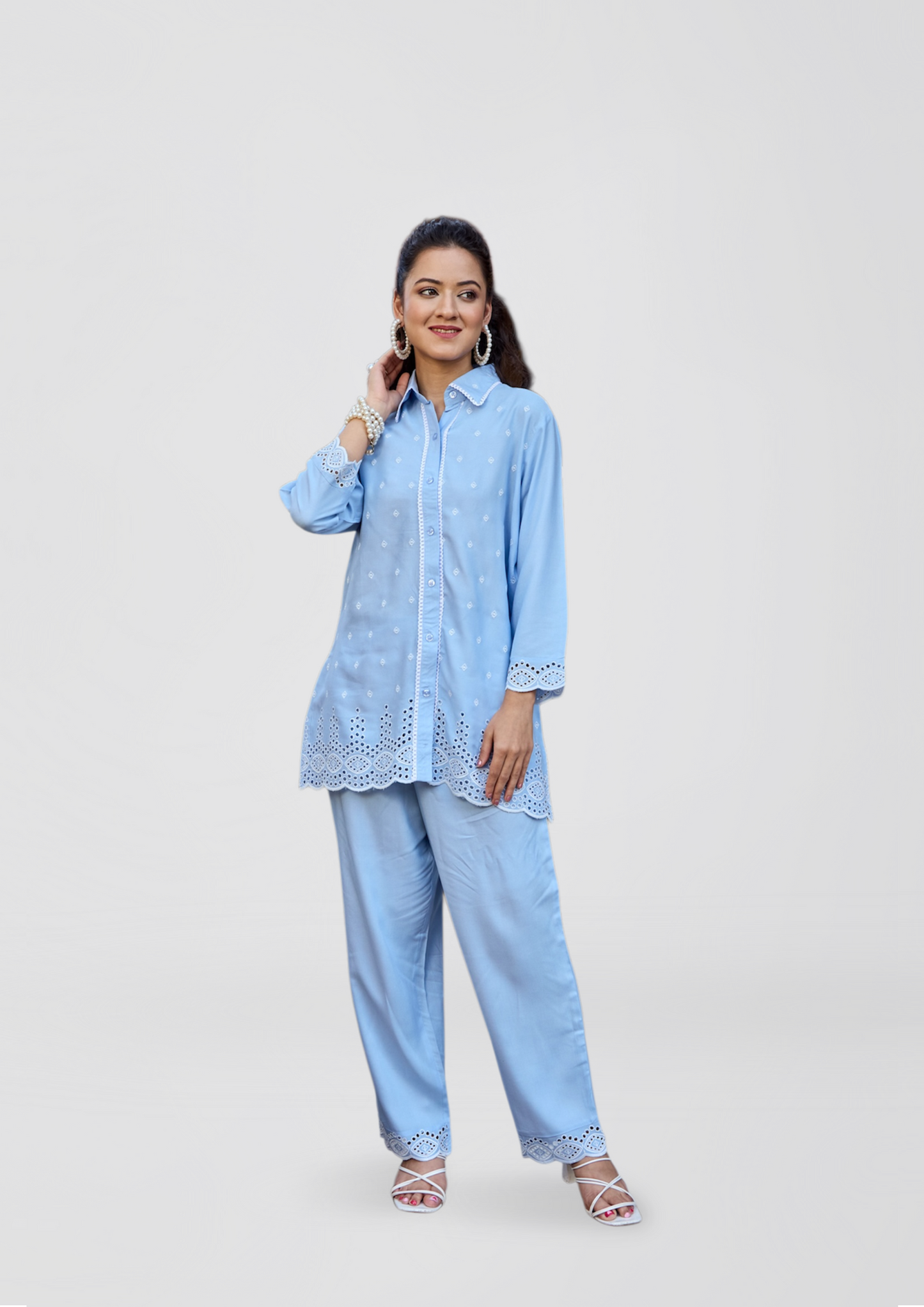 Pastel Blue Embroidered Kurti Set for Women | Eyelet Lace Shirt Kurta with Matching Pant