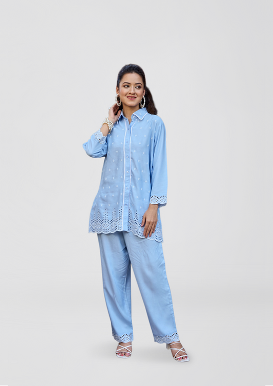 Pastel Blue Embroidered Kurti Set for Women | Eyelet Lace Shirt Kurta with Matching Pant